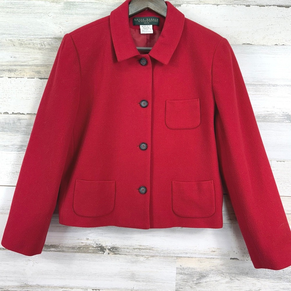 HARVE BENARD Petite Red Wool Cashmere Blend Button Cropped Blazer Jacket 14P